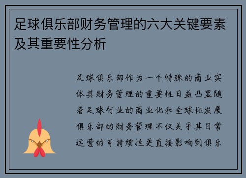 足球俱乐部财务管理的六大关键要素及其重要性分析 足球俱乐部财务管理的六大关键要素及其重要性分析